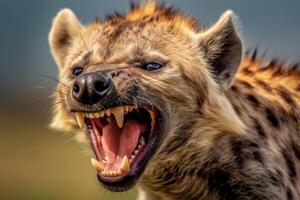 Fierce hyena with open mouth and sharp teeth photo