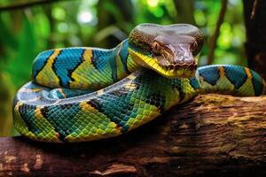 Close up of a colorful snake on a tree branch photo