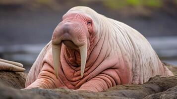 close up of a wrinkly walrus resting on a rock photo