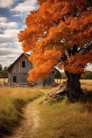Autumn landscape with rustic barn and vibrant foliage photo