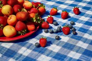Assortment of fresh summer fruits on a checkered picnic blanket photo