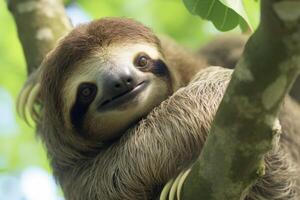 Cute sloth hanging on tree branch photo