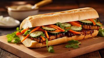 Delicious Vietnamese banh mi sandwich with pork, vegetables, and herbs photo