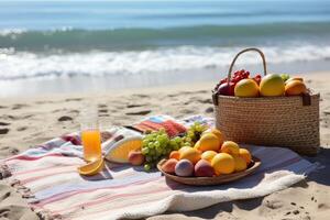 Picnic on the beach with fresh fruits and juice photo