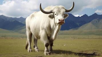 Majestic white yak standing in grassy field with mountains in background photo