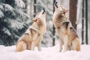 two howling wolves in snowy forest photo