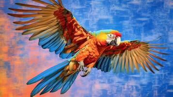 Vibrant parrot in flight against blue sky photo