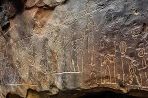 ancient rock carvings on cave wall photo