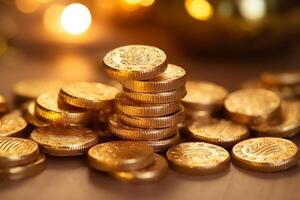 Stacked golden coins with glowing lights photo