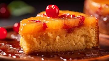 Delicious pineapple upside down cake with cherries photo