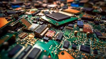 Close up view of a circuit board with various electronic components photo