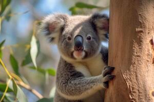 Curious koala peeking out from behind a tree trunk photo