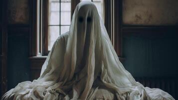 ghostly figure shrouded in white fabric photo