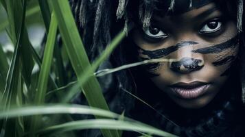Mysterious woman with face painted in the jungle photo