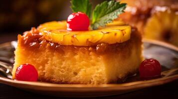 Delicious pineapple upside down cake with cherries photo