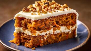 delicious carrot cake with cream cheese frosting and walnuts photo