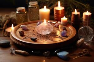 Mystical crystal and candle arrangement photo
