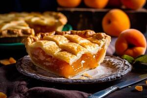 Delicious homemade peach pie on a plate photo