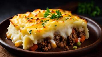 Delicious shepherds pie with minced meat and creamy mashed potatoes photo