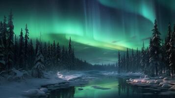 Breathtaking aurora borealis over snowy forest landscape photo
