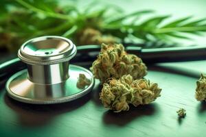 cannabis buds and vaporizer on wooden table photo
