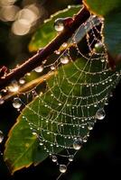 Intricate spider web covered in dew drops photo