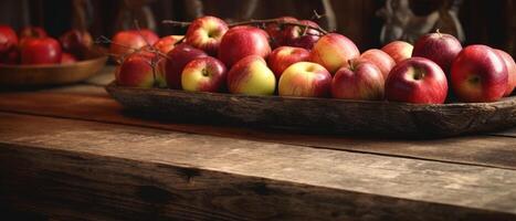 Assortment of fresh red apples in a rustic wooden bowl photo