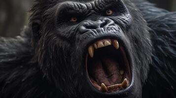 Ferocious gorilla with open mouth and sharp teeth photo