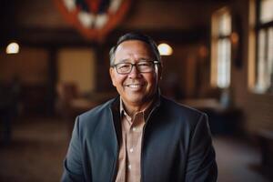 Smiling middle aged asian man in business attire photo