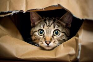 curious cat peeking out of paper bag photo
