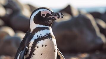 close up of a penguin with distinctive black and white feathers photo