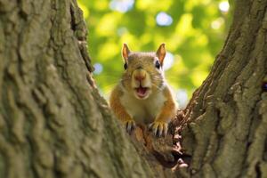 Curious squirrel peeking out from tree photo