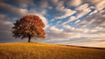 Lone autumn tree on a grassy hill under a cloudy sky photo
