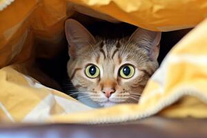 Curious cat peeking out from inside a paper bag photo