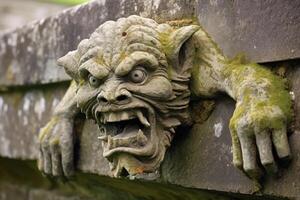 Weathered stone gargoyle statue with moss and lichen photo