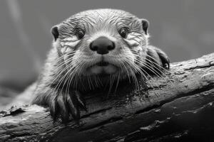 close up portrait of a wet otter resting on a log photo