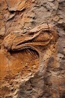 Fossilized dinosaur skull in rock formation photo