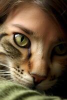 close up of a cats face with piercing green eyes photo