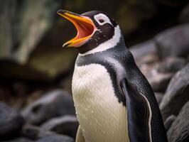 Closeup of a penguin with its beak open photo