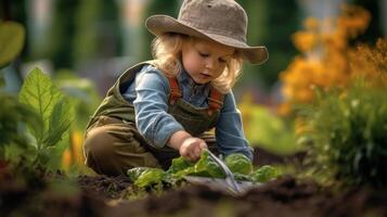 young gardener tending to vegetable patch photo