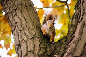 Curious squirrel in autumn tree photo