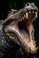 Crocodile with open mouth showing sharp teeth photo