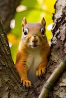 Curious squirrel peeking out from tree trunk photo