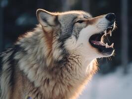 Fierce wolf howling in the wilderness photo
