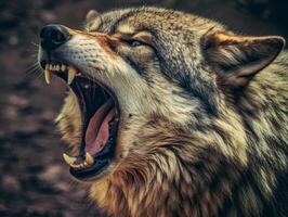 Fierce wolf growling with open mouth showing teeth photo