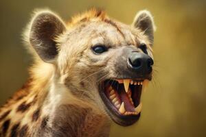 Ferocious hyena with open mouth and sharp teeth photo