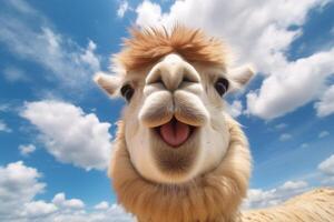 Smiling llama with fluffy fur against blue sky photo