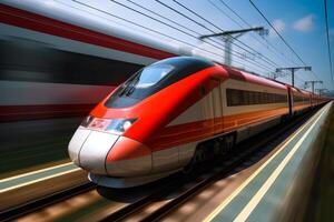 high speed train in motion on railway platform photo