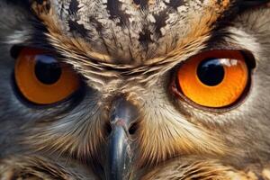 Closeup of an owls face with striking orange eyes and detailed feather patterns photo