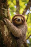 Smiling sloth on a tree trunk photo